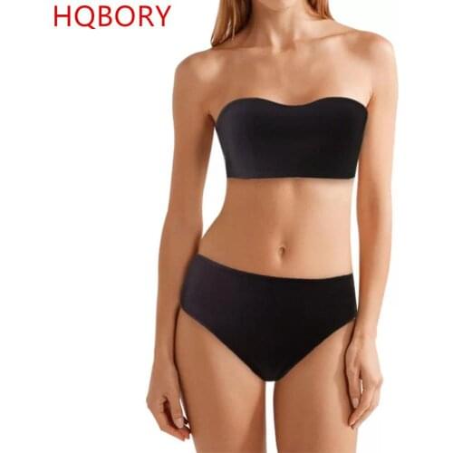 HQBORY Two Piece Bandage Swimsuit Women 2 pieces Strapless Bikini Set Push-up Padded Bra Beachwear No Pad Swimwear