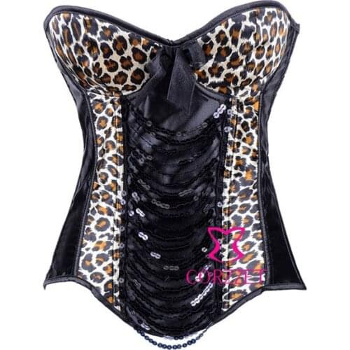 Bows&Sequins Decoration Women Leopard Print Latex Corset Overbust Burlesque Push Up Bustier Top Bodice espartilho Corpetes 2014