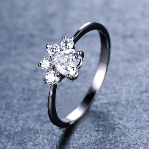 Cute Cat Paw Dog Claw Ring White Zircon Heart Stone Rings For Women Wedding Jewelry Vintage Silver Color Animal Footprint Ring