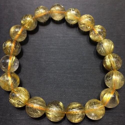 10.5mm Natural Brazil Gold Rutilated Titanium Quartz Bracelet Woman Man Wealthy Stone Clear Round Beads Crystal Charms AAAAAA