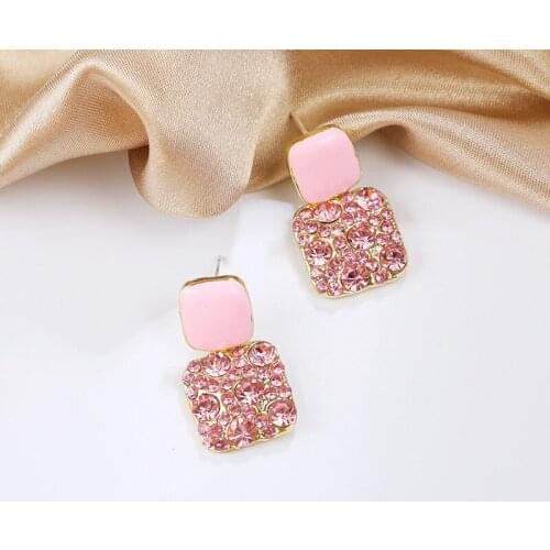 Popular Girl Earrings Korean Version of Crystal Drip Glaze Pink Square Love Crystal New Temperament Earrings