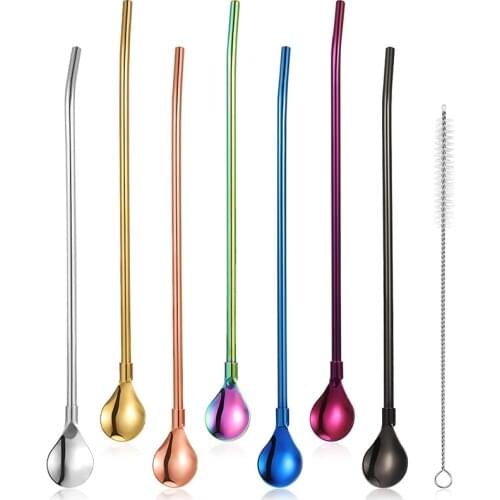 4PCS Long Handle Stainless Steel Drinking Straw Spoon Reusable Tea Scoop Cocktail Coffee Mixing Stirring Spoons Bar Accessories