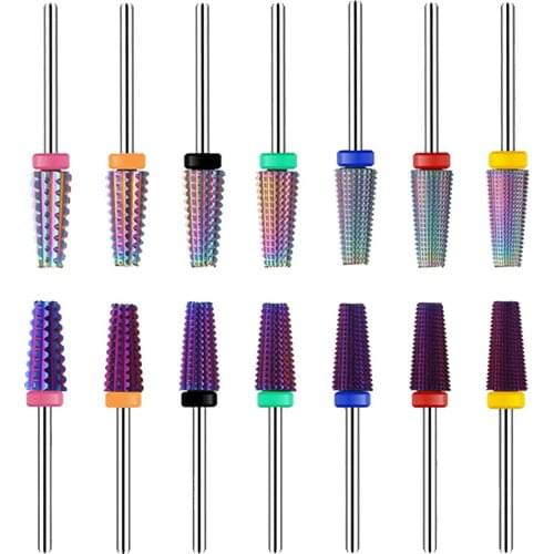 5 in 1 Tapered Carbide Nail Drill Bits Polishing Clean Burr Milling Cutter Rainbow Coating Remove Gel Horny Nail Tools