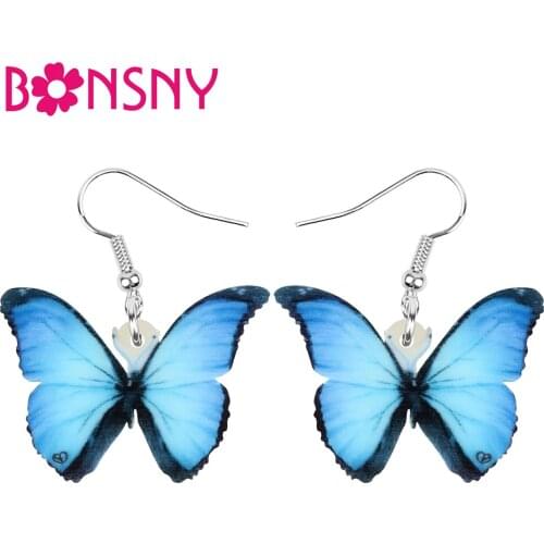 Bonsny Acrylic Blue Morpho Butterfly Earrings Big Printing Insect Animal Dangle Drop Jewellery For Women Girls Trendy Party Gift