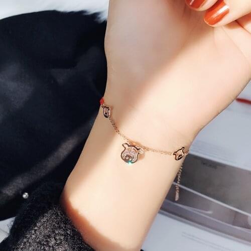 YUN RUO New Arrival Pig Bracelet Zircon Inlay Woman Birthday Gift Rose Gold Color Fashion Stainless Steel Jewelry Never Fade