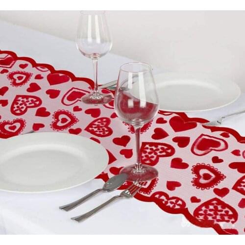 Valentines Table Runner Red Heart Hollow Out Lace Decorative Table Flag for Wedding Engagement Proposal
