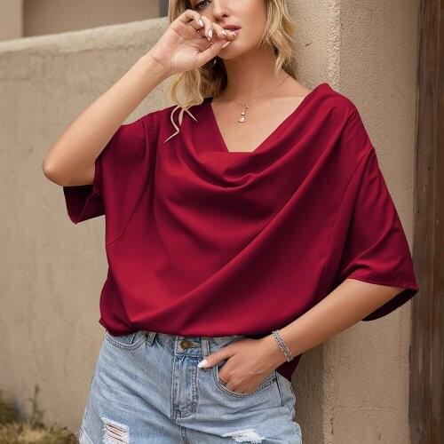 Elegant Office Ladies OL Tops Fashion Womens Solid Color T-Shirts V Neck Half Sleeve Batwing Sleeve Loose Casual Summer T-shirt
