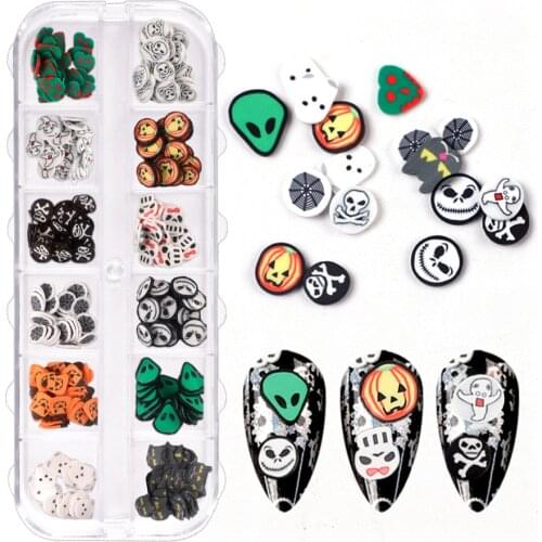 Halloween Devil Cartoon Soft Pottery Ghost Pumpkin Skull Nail Art Jewelry Patch Nails Coffin Fake Nails Art DIY Manicure Tool
