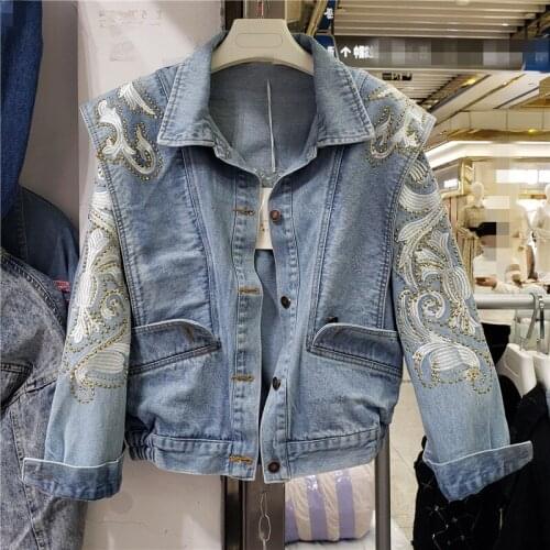 Autumn New Korean Diamond Embroidery Denim Jackets Women Vintage Blue Outerwear Loose Short Jeans Jacket Coat Female Streetwear