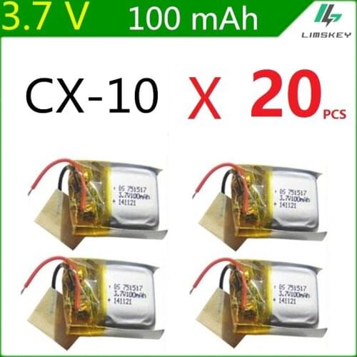 3.7V 100mAh 751517 lithium polymer battery CX-10 CX-12 JJ810 Remote Quadrocopter 3.7V Lipo bettery 20 Pcs/Lot wholesale