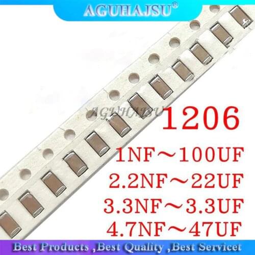 100pcs 1206 SMD 1PF-100UF X7R Error 5% 10pF 100pF 470pF 100nF 220nF 1UF 10uf 47UF 2.2UF 22UF Multilayer Ceramic Capacitor