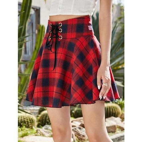 2021 New Female Skirt, Women’ s Plaid High Waist Ruffle Dress Pleated Skirt for Summer Autumn, Red/Black White/Yellow