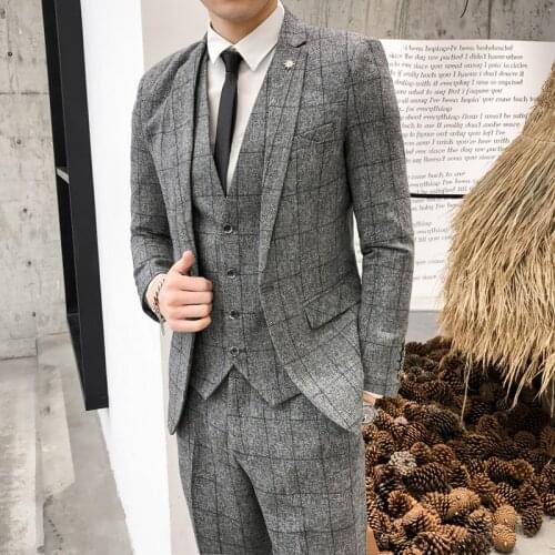 2021 Mens Spring New Business Slim Fit Suit Suit Youth Plaid Suit Three-Piece Suit