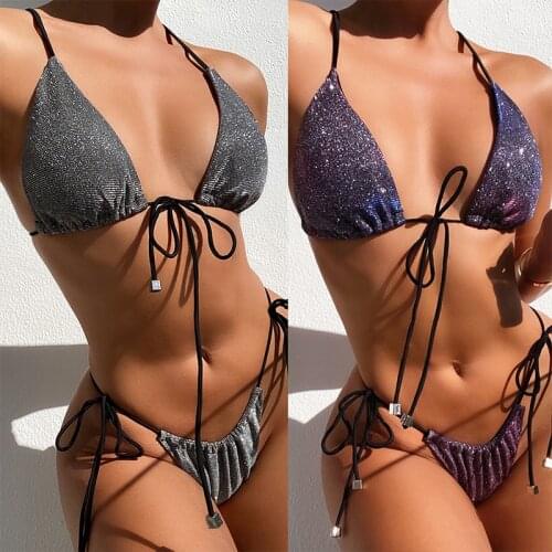 Sexy Brazilian Triangle swimsuit women Shiny bikini High cut biquini Halter string swimwear female Folds bathing suit new 2021