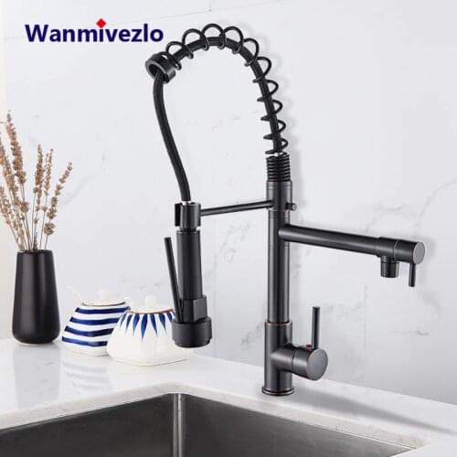 Black Spring Kitchen Faucet Pull out Side Sprayer Dual Spout Tap Deck Mount Kitchen Mixer Tap Kitchen Cold Hot Water tap Crane