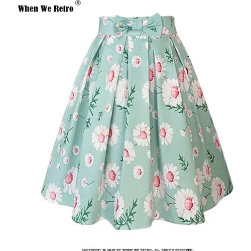 Light Green Floral Printed Cotton Pleated Skirt with Bow SS0012 Plus Size Women Clothing Daisy Summer Skirt Harajuku