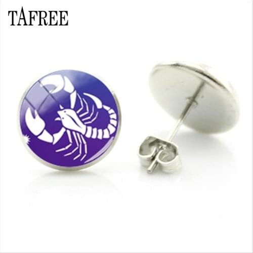 TAFREE New Design 12 Zodiac Virgo Libra Scorpio Sign Stud Earrings Glass Cabochon Dome Womens earrings For Women gift XZ15
