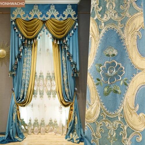 Custom curtain European living room luxury American velvet embroidered blue cloth blackout curtain valance tulle C401