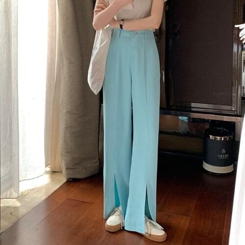 Stylish Chic High Waist Wide Leg Solid Female Trousers Spring Summer Loose Pockets Slits Women Suit Pants 2021