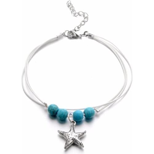 Bohemian Womens Chic Sliver Starfish Green Stone Beads Leather Anklet Multi-layer Fashion Ankle Bracelet Elegant Charms Jewelry