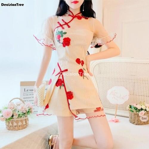 2021 chinese dress cheongsam women embroidery dress+pants set chinese traditional short sleeve qipao chinese traditional dress
