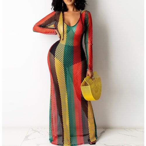2021 Summer Fashion Women Colorblock Hollow Out Hooded Beachwear Cover Up Party Long Sleeve Vintage Boho Sexy Maxi Dress Robes