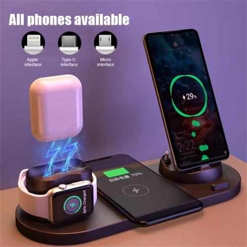 6 in 1 Wireless Charger Dock Station for iPhone/Android/Type-C USB Holder for phone Fast charger For iphone 12 Watch AirPods Pro
