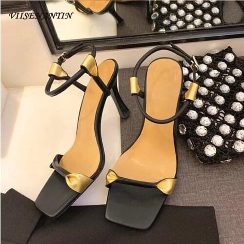 Fashion sexy fairy style black gold color matching buckle stiletto open toe sandals summer Roman ladies high heels women