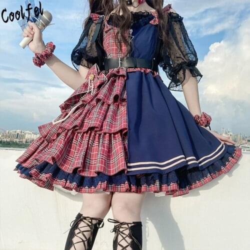 Japanese Gothic Retro Victorian Lolita Dress Patchwork Contrast Color Ruffles Dresses Women Princess Girls Sweet Dresses