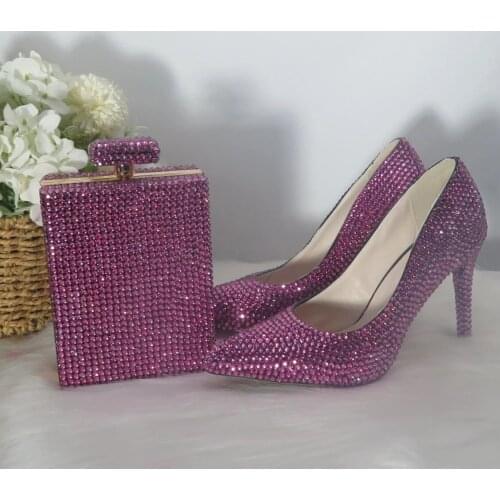 Purple Crystal Women Banquet Dress Shoes with Bag Female Party Pointed Toe High Heels Ladies Bride Wedding Thin Heels Handbag