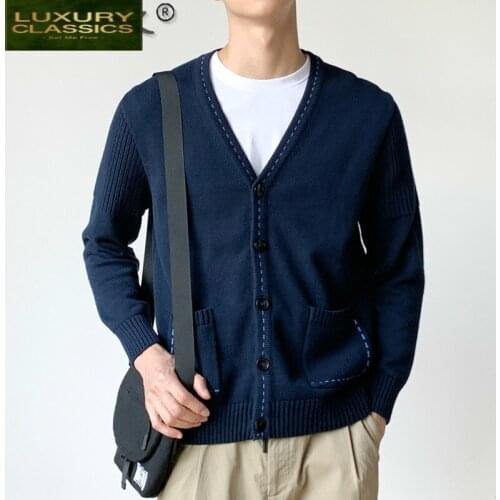 100% Cotton Cardigan Male Korean Mens Sweater Casual Knitted Sweaters Autumn Winter Clothes Men 2021 Manteau Homme 12 LW