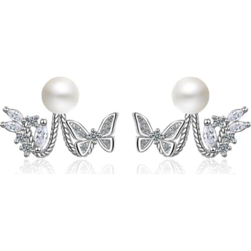 Korean temperament personality trend simple girl heart pearl butterfly hanging silver plated stud earrings WE056