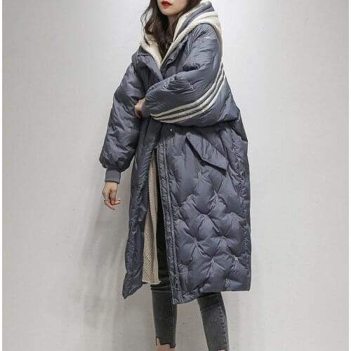 Hat Fake Two Women Coats White Duck Down Jacket Female 2021 Winter New Plus Size Loose Long Section Korean Fashion Knitted