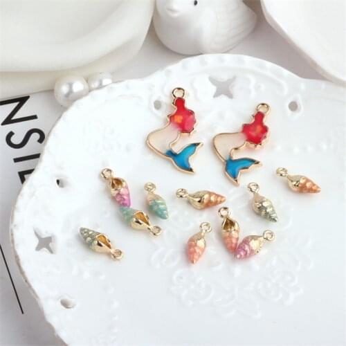 Mini Order 10pcs/Lot Kawaii Colorful Beauty Mermaid Pendants 3D Enamel Alloy Gold Tone Oil Drop Sea Snail Earring Charms Craft