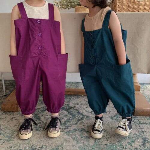 2-7 Y Toddler Kids Overalls Summer New Arrival Baby Korean Solid Jumpsuits Casual Loose Boys Girls Cotton Fashion Overalls 2021