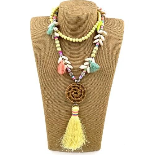 New handmade Bamboo weave dream catcher pendant Necklace Boho rattan weaving Wooden beads cord chain unique Bohemia long fringe