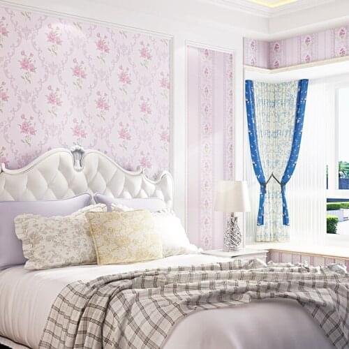 WELLYU Pastoral style wallpaper non-woven light purple pink flower romantic warm bedroom AB version vertical stripes wall