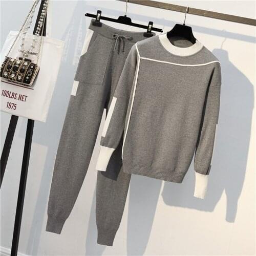 2020 Autumn Women Knitted Sweater Suit Long-Sleeved Sweatshirt Pants Two-Piece Large Size Loose Casual Stretch Womens Clothing