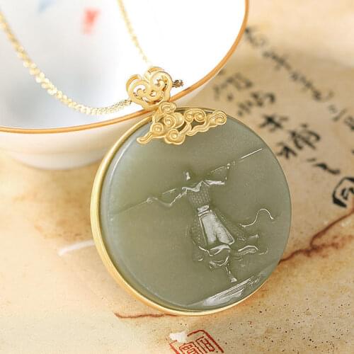 Silver Inlaid Natural Hetian Jade Pendant Necklace Chinese Retro Journey To The West Light Luxury Charm Womens Brand Jewelry