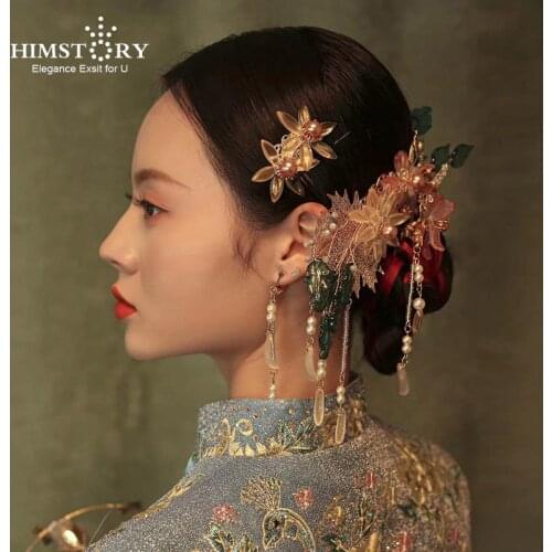 HIMSTORY Traditional Chinese Pink Clear Liquid Flower Wedding Hairpins Green Flower Hair Stick Jewelries Accessories