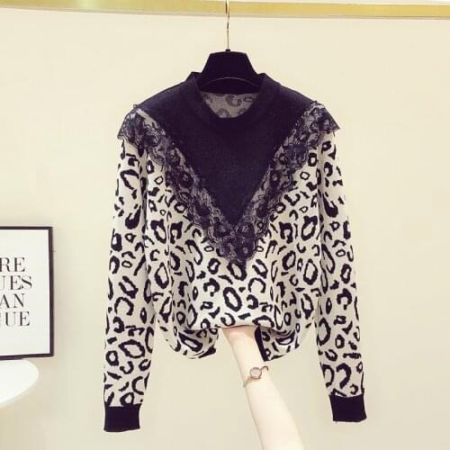 Lace Stitching Long Sleeve Sweater for Women Winter Clothing New Vintage Leopard Print Color Stitching Sweaters Female Pullovers