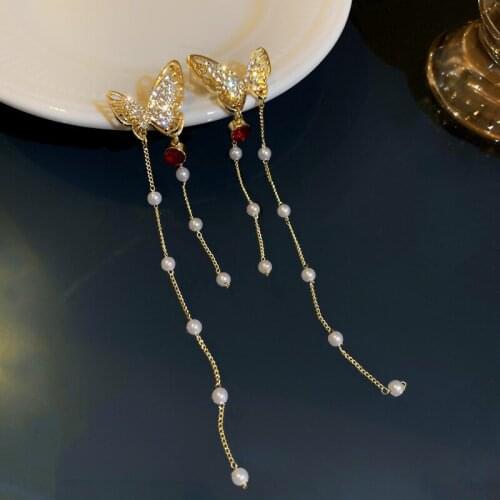 VSnow Korean Fashion Butterfly Long Tassel Earrings for Women Girls Exquisite Rhinestone Pearl Dangle Earring Jewelry Pendientes