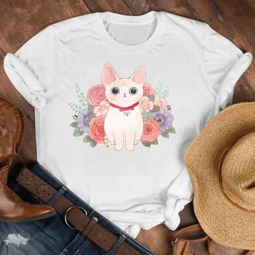 Women Short Sleeve Tee Color Painting Cat O Neck Casual T-Shirt Lady Fashion Clothes Loose T-Shirts Female Pullover Tee