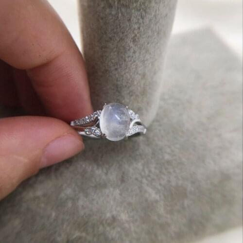 Oval Natural Moonstone 925 Sterling Silver CZ Accent Rings For Women Girls Wedding Engagement Jewelry Adjustable Finger Bague