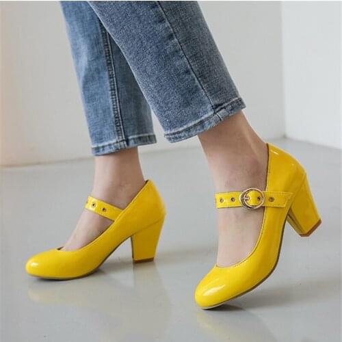 Women pumps high chunky heels pointed toe patent leather fashion office ladies women shoes beige yellow High Heels big size 43