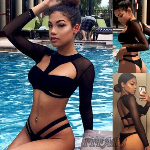 Women Bikini Set Black Long Sleeve Backless High Waist Cutout Push-up Padded Bra Bathing Suit Long Sleeve Swimsuit Swimwear