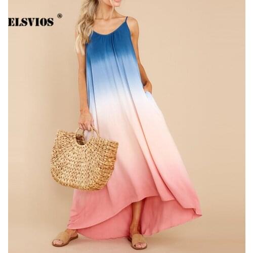 Tie-Dye Gradient Print Summer Sexy Sling Dress Women Casual Fashion Pocket V-Neck U-Line Backless Loose Long Irregular Beachwear