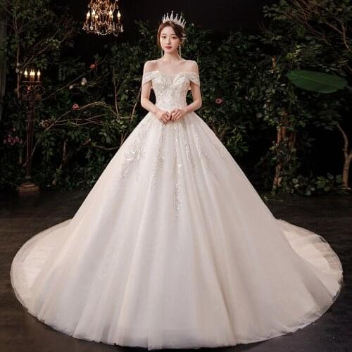 2021 New Boat Neck Wedding Dress Shining Sequins Lace Ball Gown Off The Shoulder Custom Made Bridal Dress Vestido De Noiva