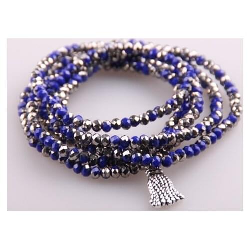 Free shipping 5 Strands Crystal with Alloy Tassel Beads Stretched Bracelets Dark Blue Pacet Bead Yoga Bracelet & Necklace