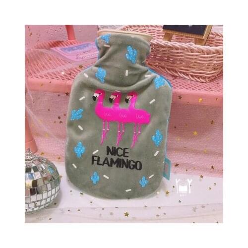 Free shipping grey flamingos pattern hot water bag cute cartoon printed plush water filling portable mini hot water bag 500ml